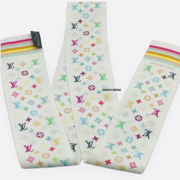 RARE Authentic Louis Vuitton Multicolor Monogram Twilly/Bandeau/Scarf 100% Silk! - Picture 2 of 8